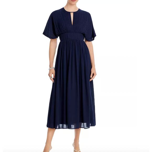 HUGO BOSS Drizzie Pleated Short Sleeve Midi Navy Blue Dress Size 12 NWOT - Picture 1 of 10